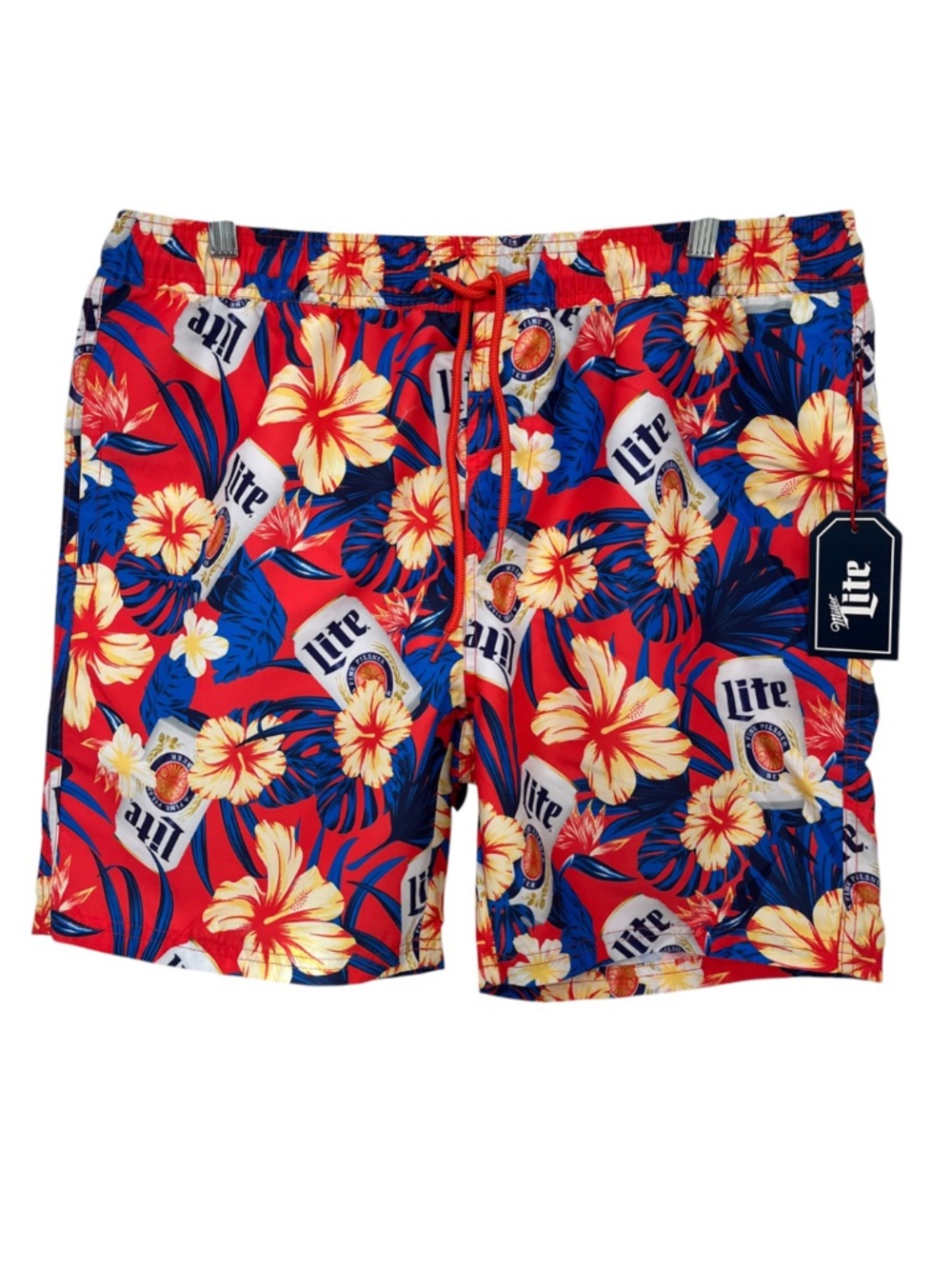 Miller Lite Hibiscus Floral Print Men's Swim Trunks 6.5” Inseam Large NWT